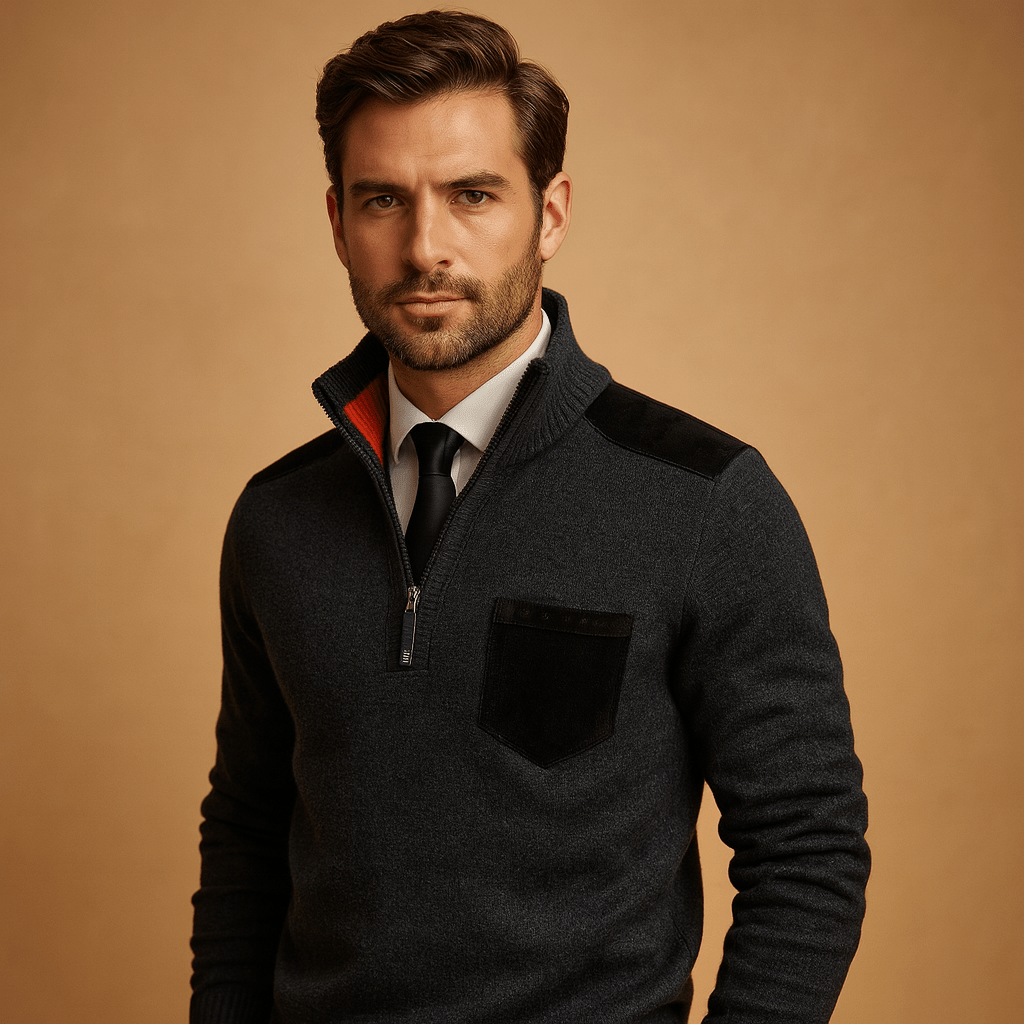Pullover Sweater Men Half Zip Collared Design with Chest Pocket