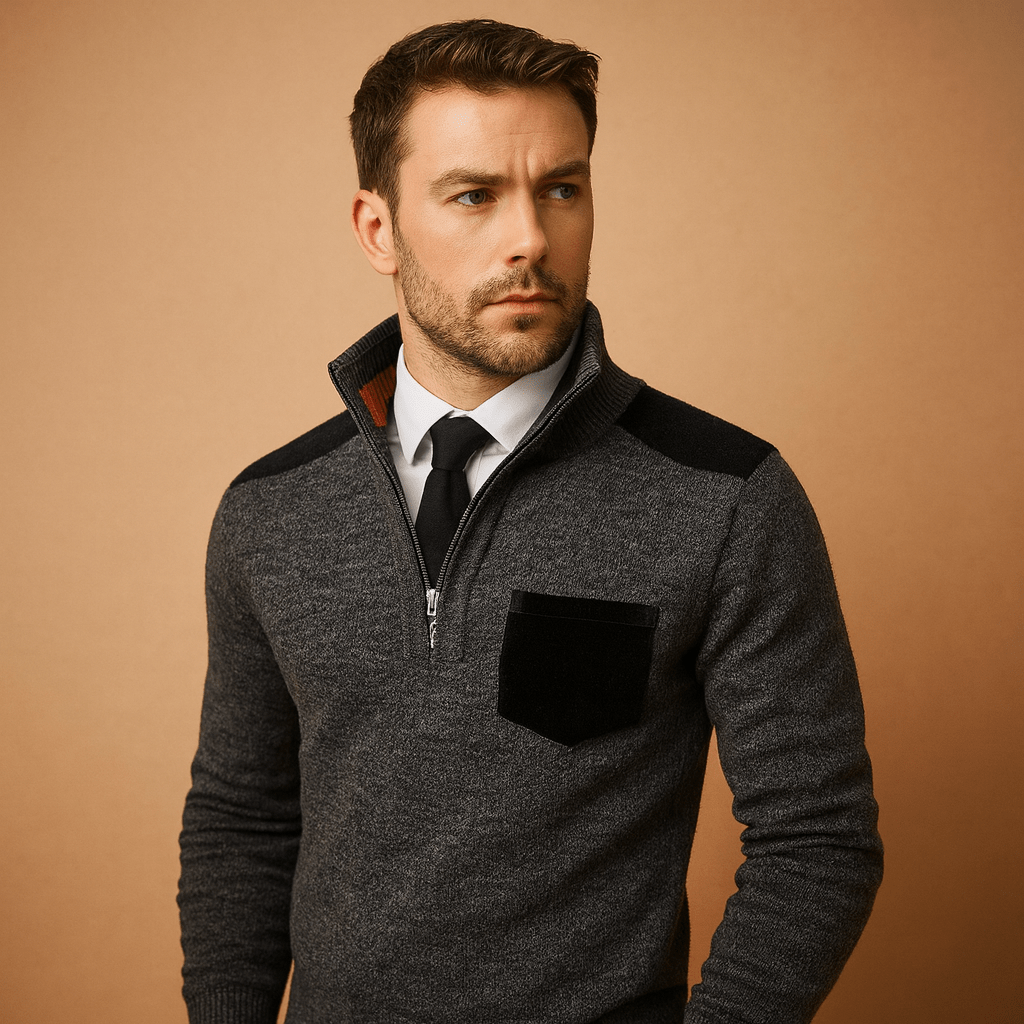 Pullover Sweater Men Half Zip Collared Design with Chest Pocket
