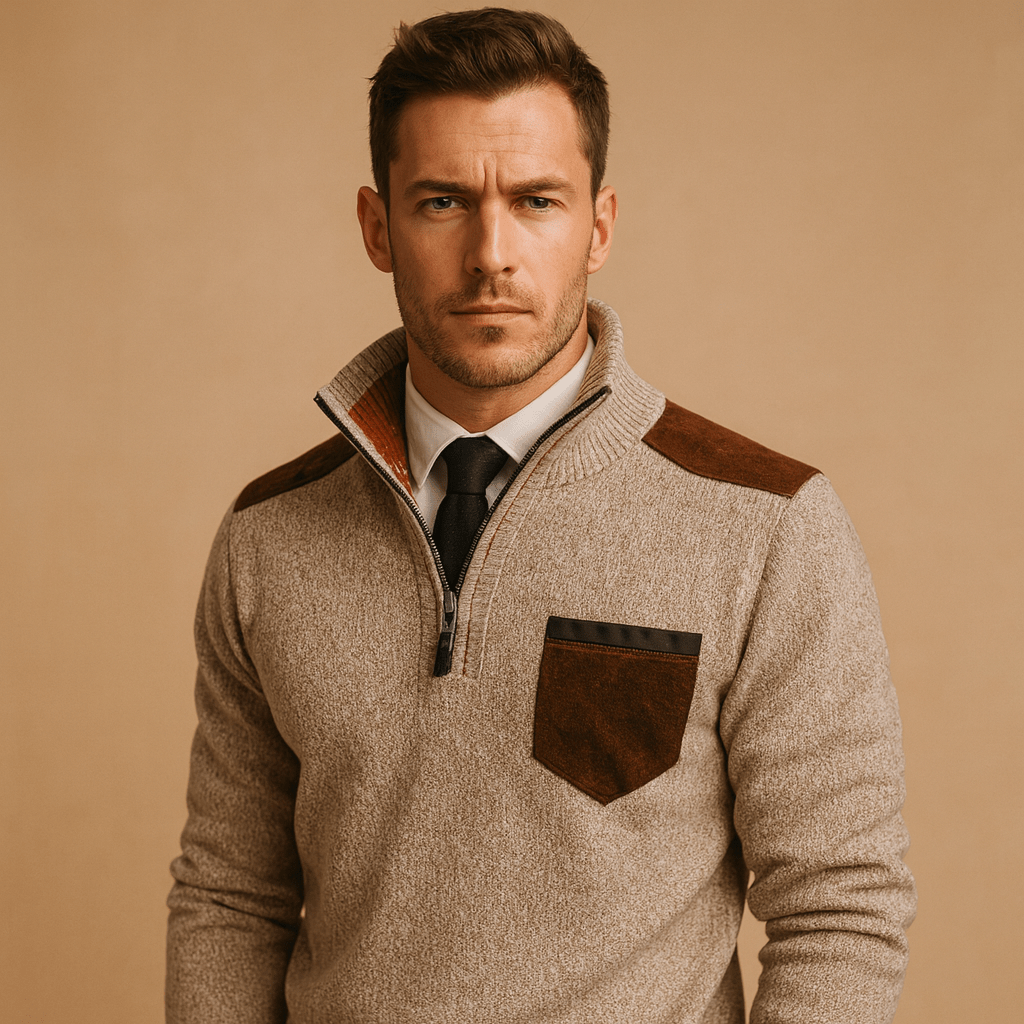 Pullover Sweater Men Half Zip Collared Design with Chest Pocket