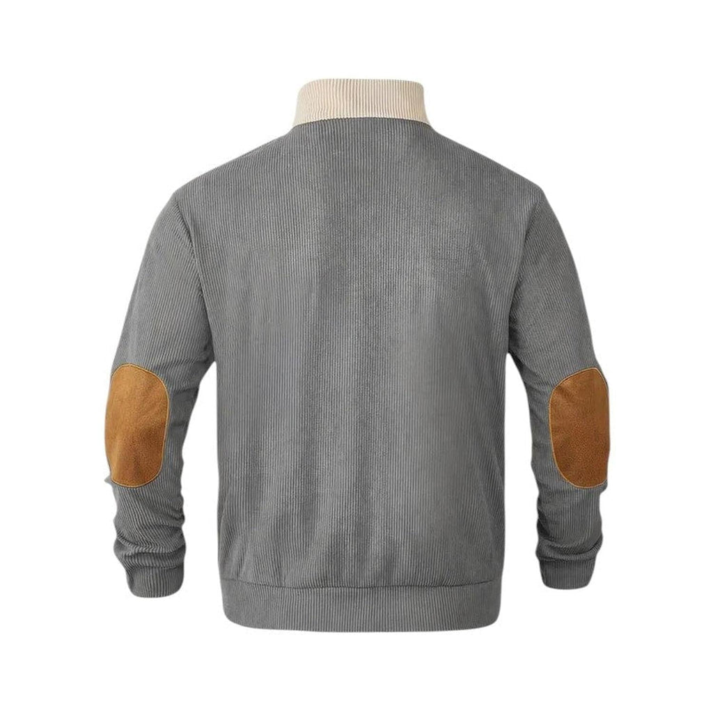 Pullover Sweater Men Ribbed Quarter Button Stand Collar Long Sleeve Elbow Patches
