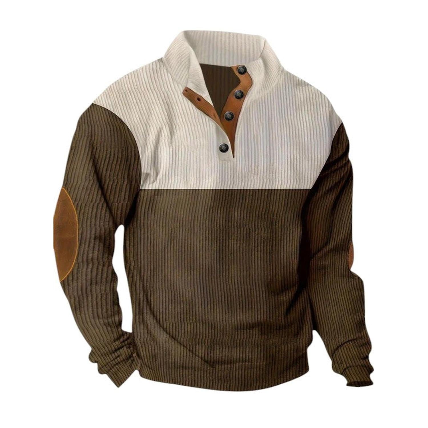 Pullover Sweater Men Ribbed Quarter Button Stand Collar Long Sleeve Elbow Patches