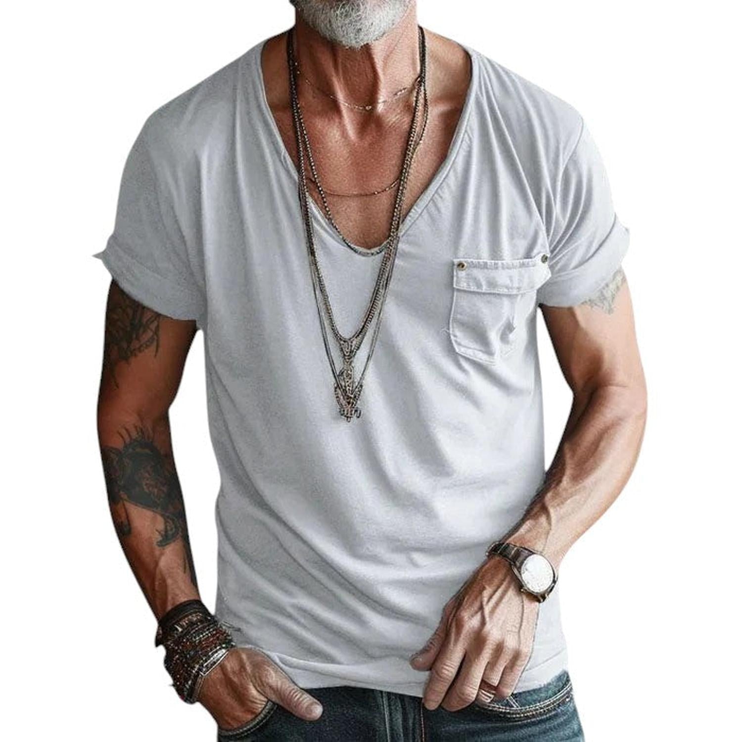 T-Shirt Men V-Neck Short Sleeve Rolled Cuffs Chest Pocket Casual Fit