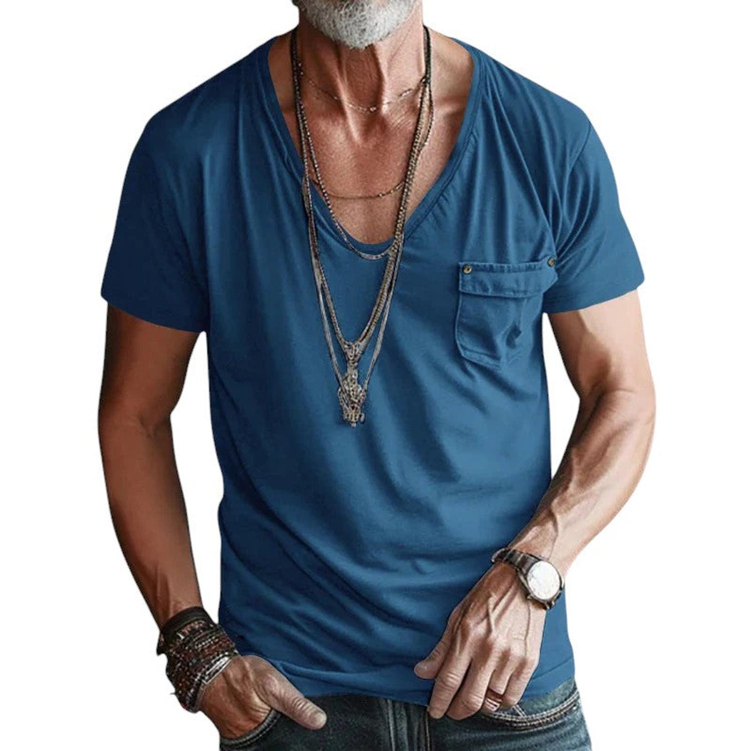 T-Shirt Men V-Neck Short Sleeve Rolled Cuffs Chest Pocket Casual Fit