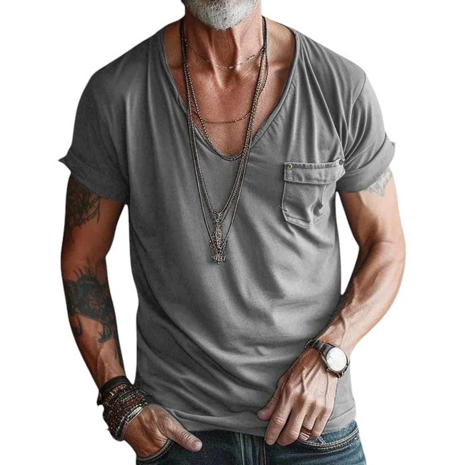 T-Shirt Men V-Neck Short Sleeve Rolled Cuffs Chest Pocket Casual Fit